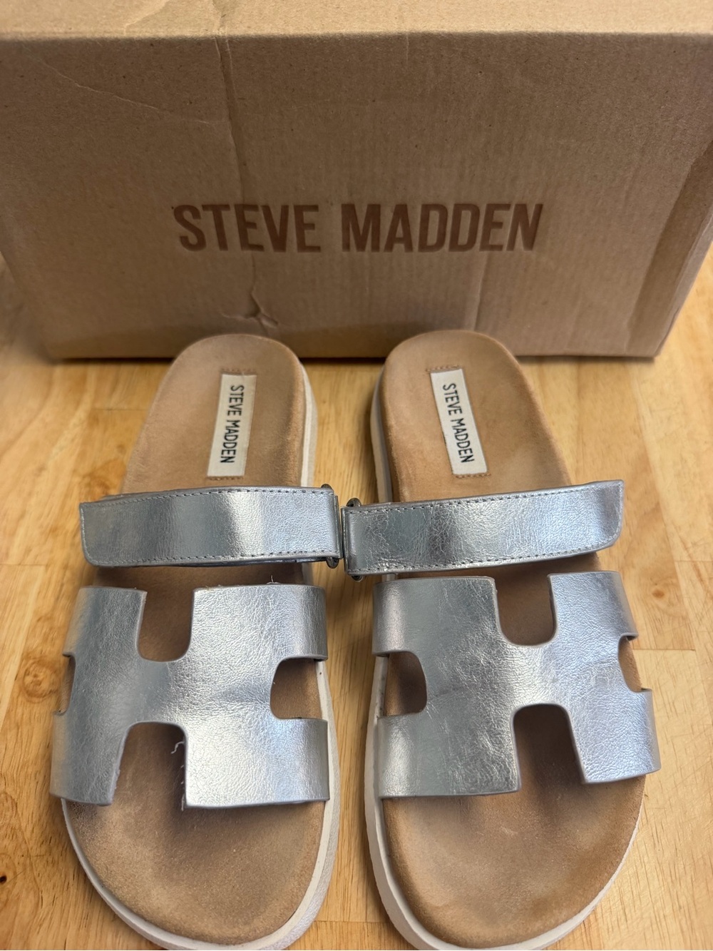 Steve Madden Metallic Silver Slide Sandals with Cutout Straps